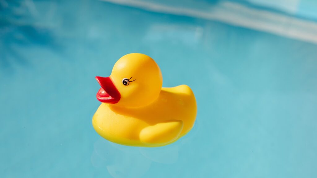 Yellow rubber ducky floating in the pool bath water toy Sylvie Pabion Martin Shutterstock